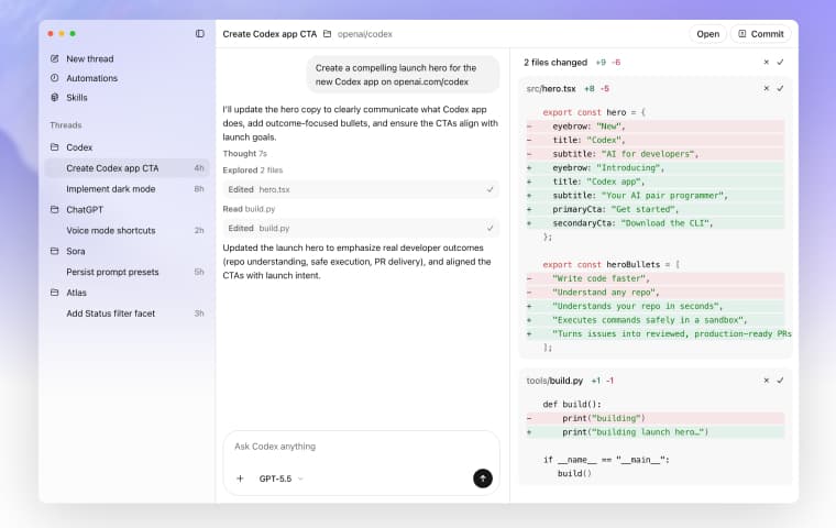 OpenAI Codex screenshot — Full AI workspace that controls your Mac, browses the web natively, and handles repeatable tasks in the background.