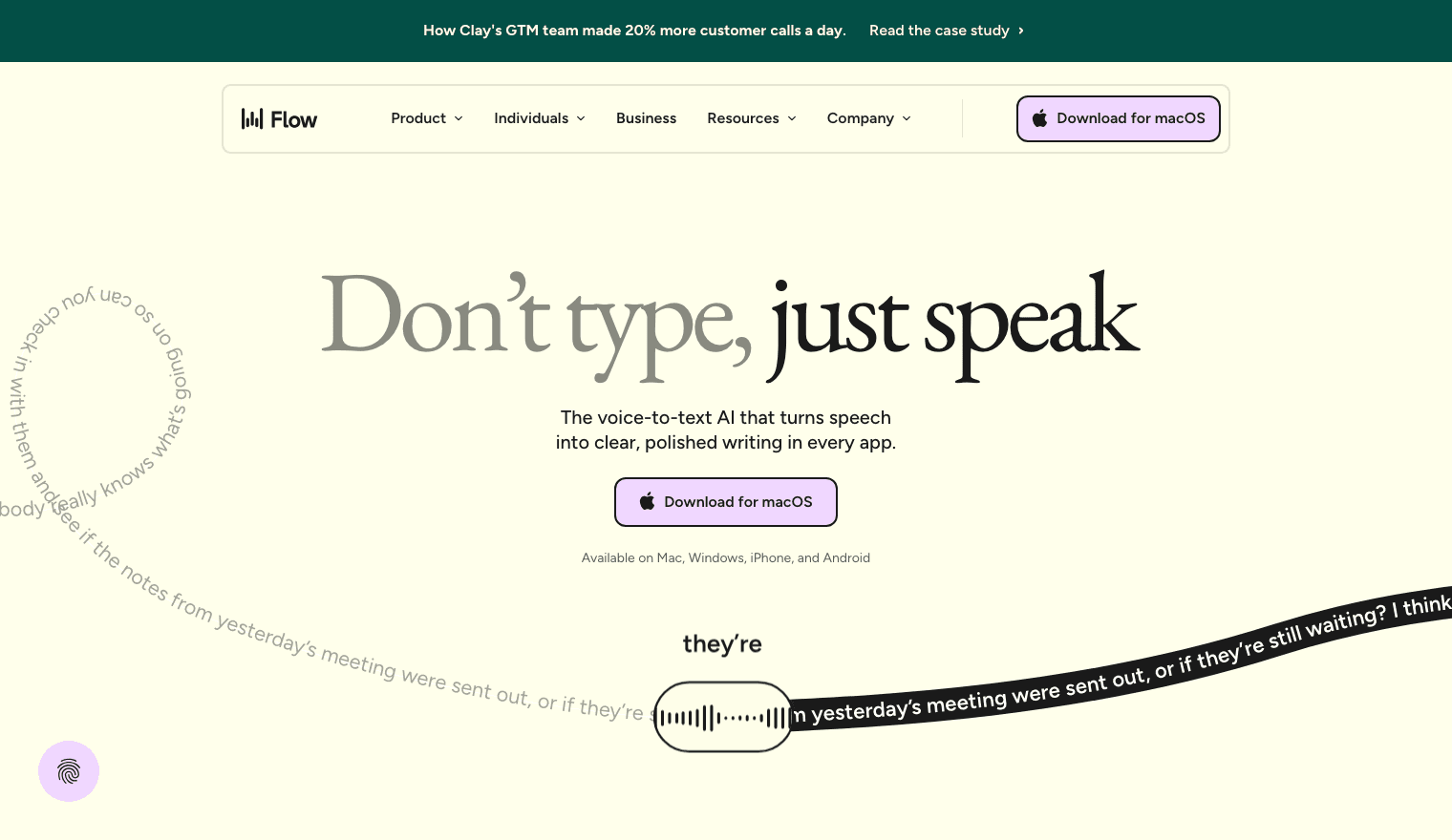 Wispr Flow screenshot — Voice-to-text dictation across every app. You drive; the AI writes for you.