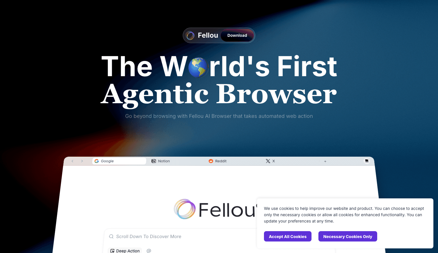 Fellou screenshot — Agentic browser that decomposes a goal into a step-by-step web plan.
