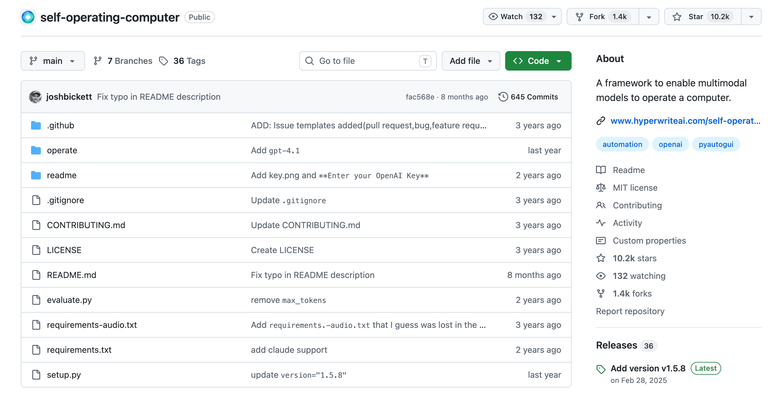 Self-Operating Computer screenshot — Open-source framework that operates your computer with multimodal models, captures the screen, and acts.